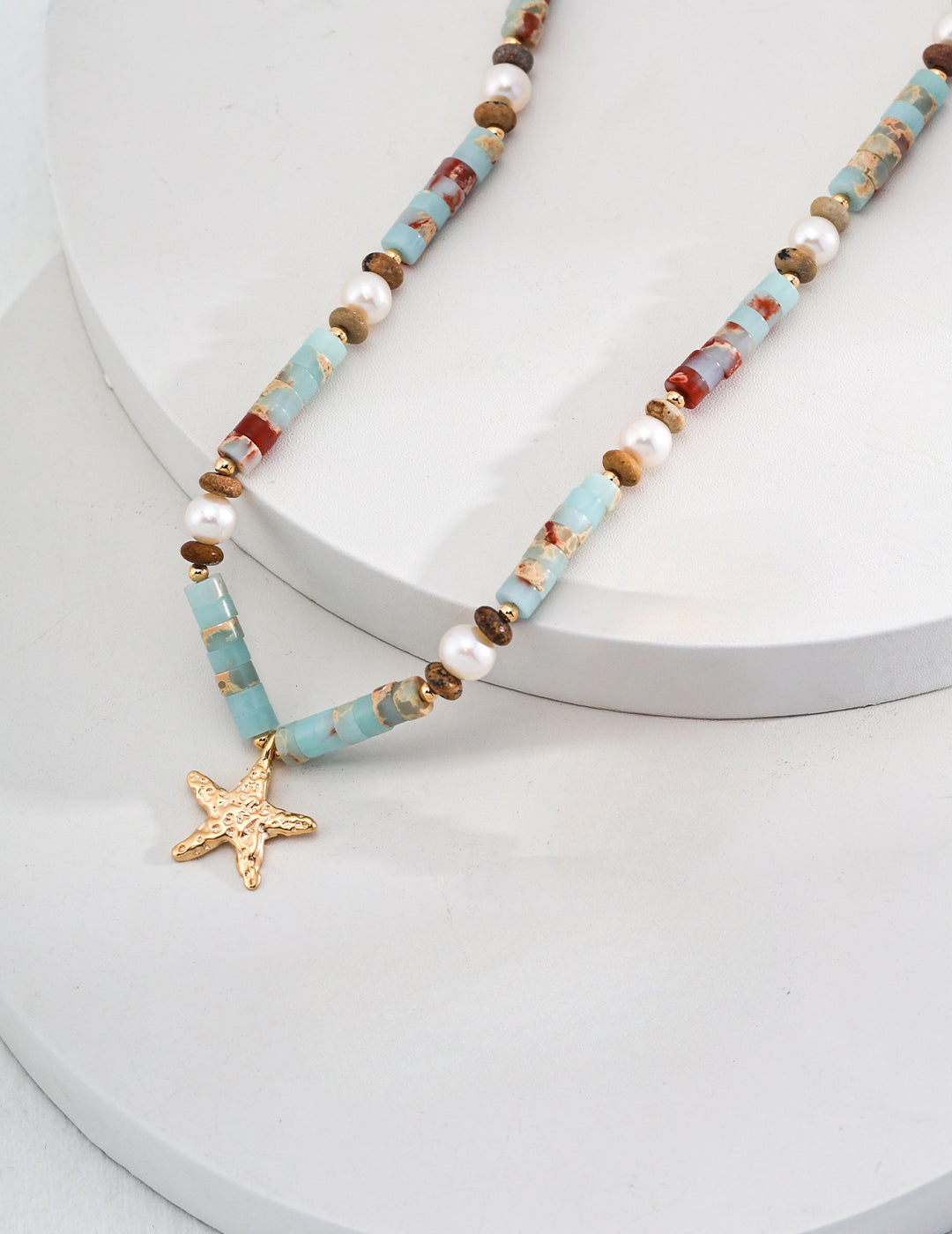 925er Silber Halskette aus Shoushan-Steinen und Naturperlen, mit Stern Anhänger